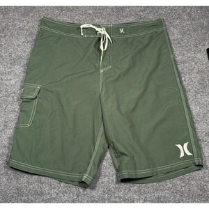 Hurley Men's Board Suede Swim Shorts Size 36 Dark Green Pocket Tie Waist Cargo